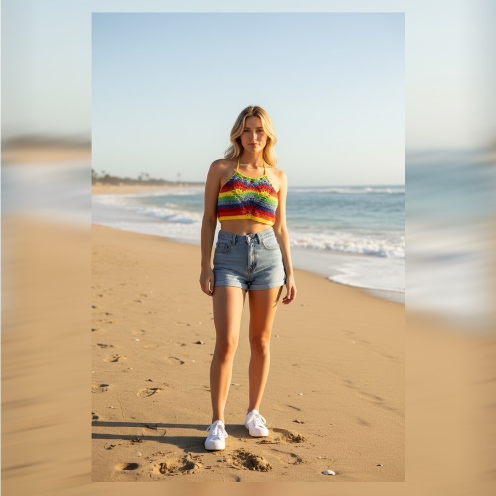Vera & Lucy Rainbow Crochet Knit Halter Top – Size L